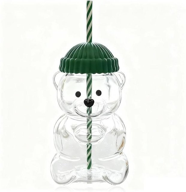 Discover Intime Bären-Glasbecher mit Strohhalm und Deckel, Schwarz, 450 ml - Bild 1