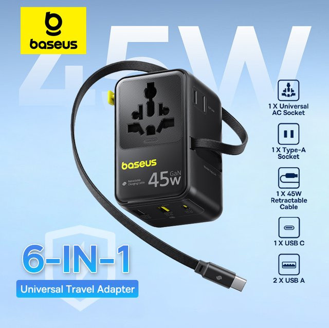 Baseus 6-in-1 GaN Reiseadapter mit ausziehbarem Kabel, 45W/70W USB-C Ladegerät, Schwarz, EU/UK/US-Stecker - Bild 1
