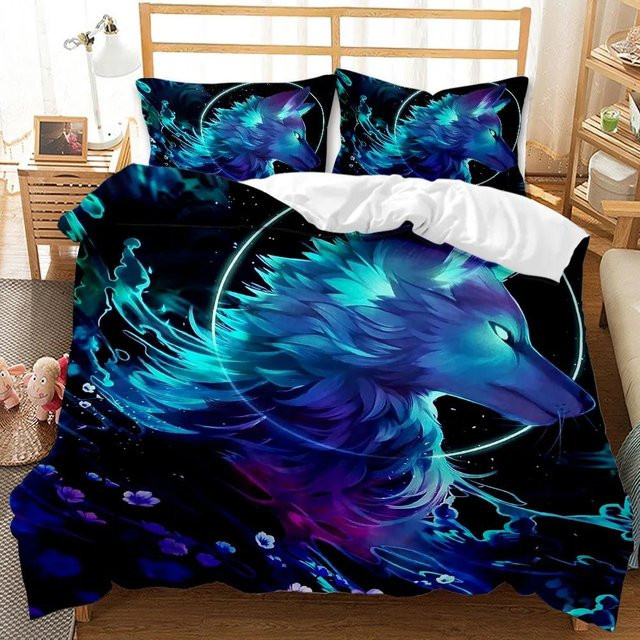 Lodestar Bettwäsche Set mit 3D Wolf Tiermotiv in Blau, Retro Design, Polyester, B/H: 135 x 200 cm - Bild 1