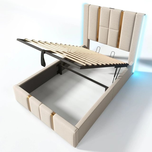 Merax Polsterbett mit Lift-up-Funktion in Beige, Stoffbezug, LED-Unterbettbeleuchtung und USB-C Anschluss, B/T/H: 90 x 200 x 113 cm - Bild 1