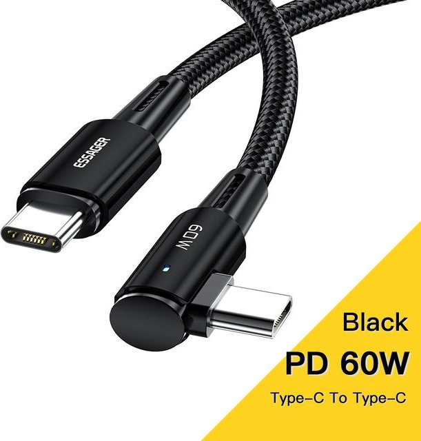 Essager USB Typ C auf USB C Kabel mit 90 Grad Winkel für Schnellladung, 100W/60W, schwarz, Länge: 1 m - Bild 1