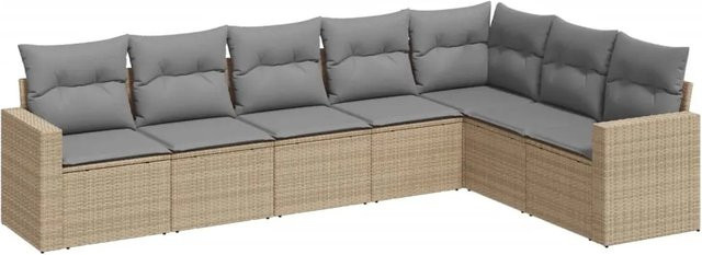 vidaXL 7-tlg Garten-Sofagarnitur in L-Form aus Poly-Rattan in Beige mit Kissen und pulverbeschichtetem Stahlgestell - Bild 1