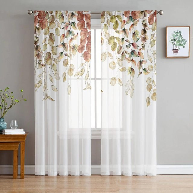 Yiran Furniture Transparent Voile Vorhang mit Blättermuster in Weiß, Breite: 135 cm, Höhe: 115 cm - Bild 1