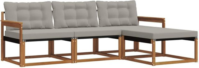 vidaXL Outdoor-Sofagarnitur L-Form aus Akazienholz mit Kissen und Ottoman, 4-teiliges Set, Braun und Hellgrau - Bild 1