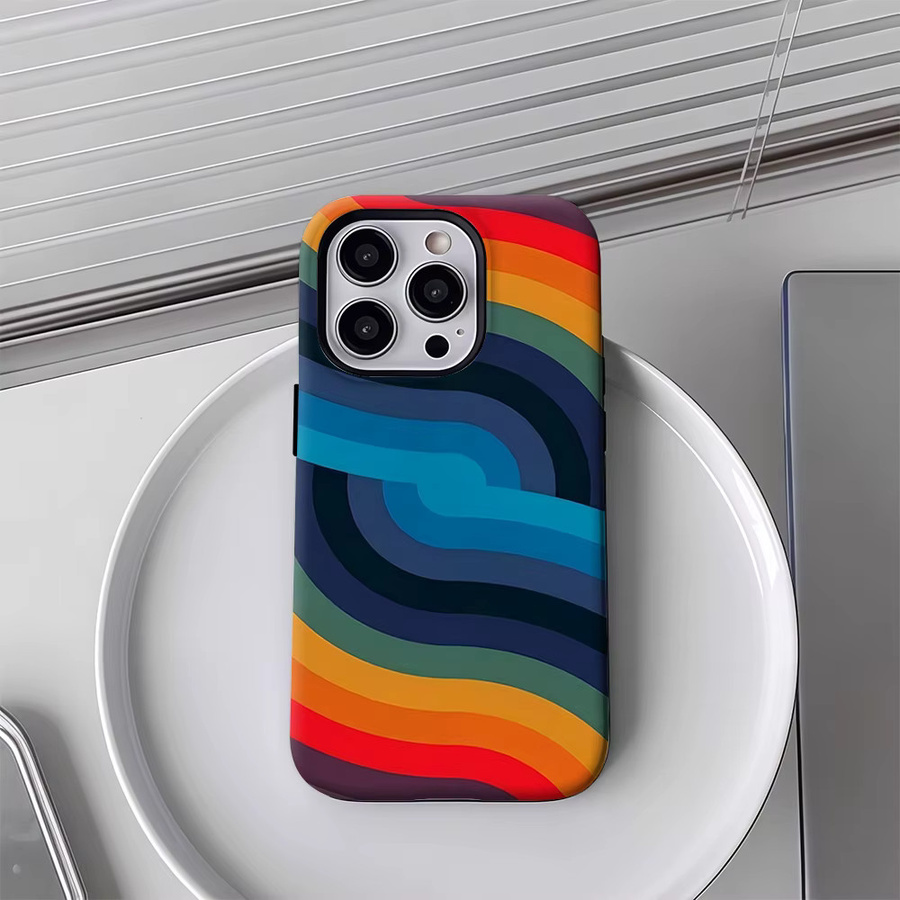 Bunte Handyhülle mit gebogenen Streifen für Apple iPhone Modelle, doppelschichtige Rückseite, Multicolor - Bild 3