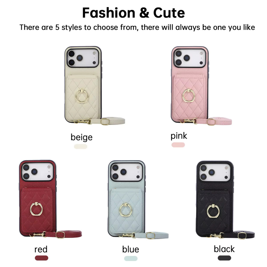 Lederne Crossbody Handyhülle mit Lanyard und Ring für Apple iPhone 7 bis 17 Pro Max in Schwarz und Pink - Bild 4