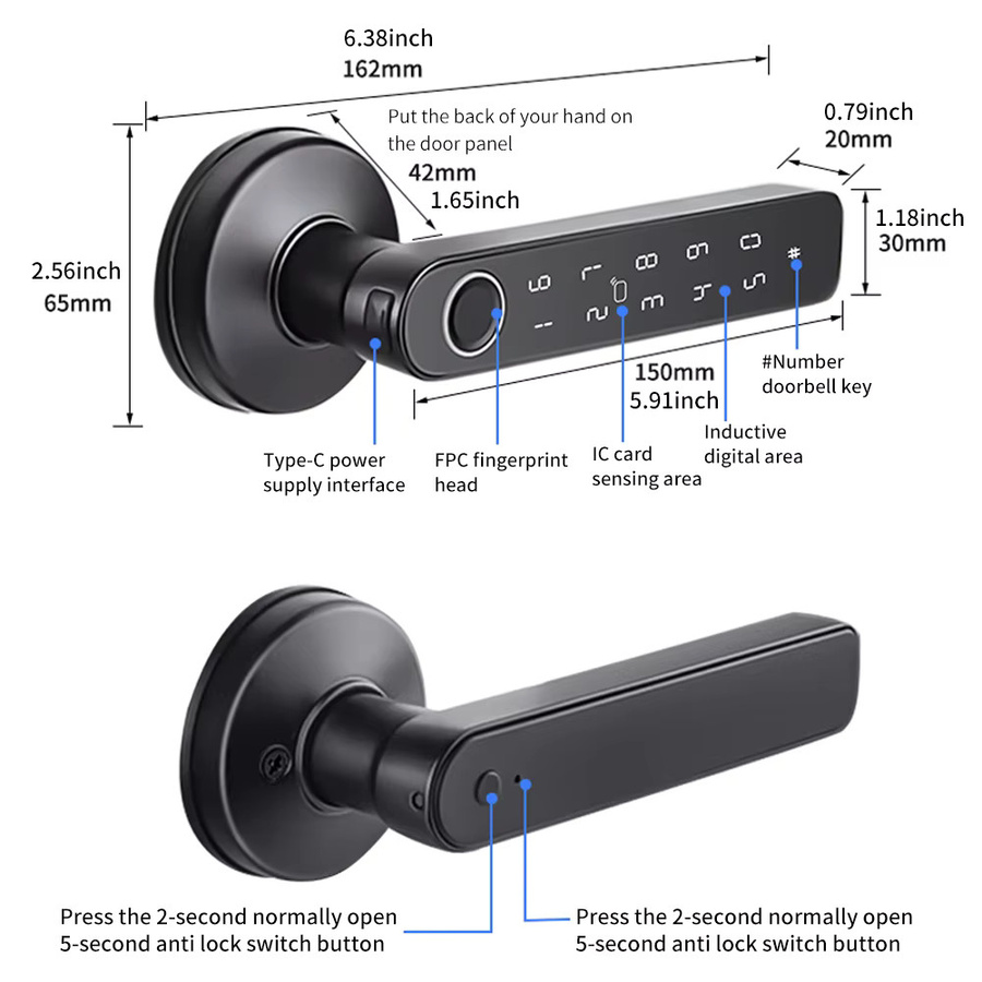 LUCKING DOOR Smart Fingerabdruck-Schloss in Schwarz mit Tuya App Unterstützung, Passwort, Schlüssel, BLE, IC-Karte und Gateway-Entsperrung für Badezimmer, Schlafzimmer und Außentüren - Bild 3
