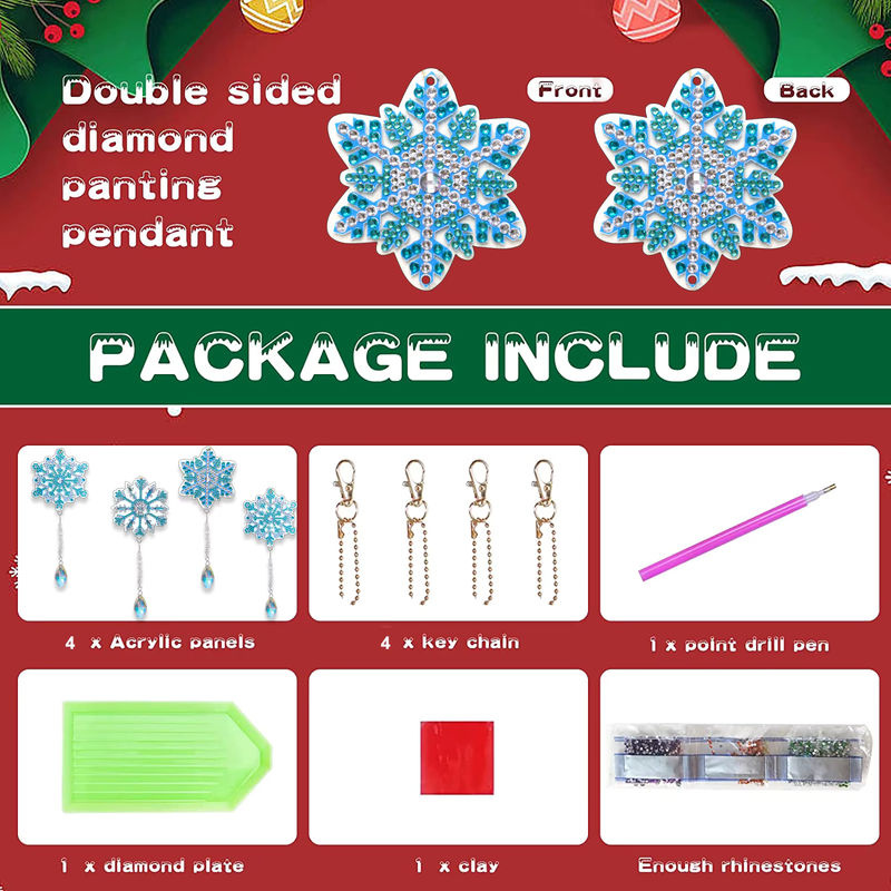 4er-Set Weihnachts-Schneeflocken DIY Diamant-Malerei Sonnenfänger mit Kristallen als dekorative Schlüsselanhänger in Weiß und Mehrfarbig - Bild 5