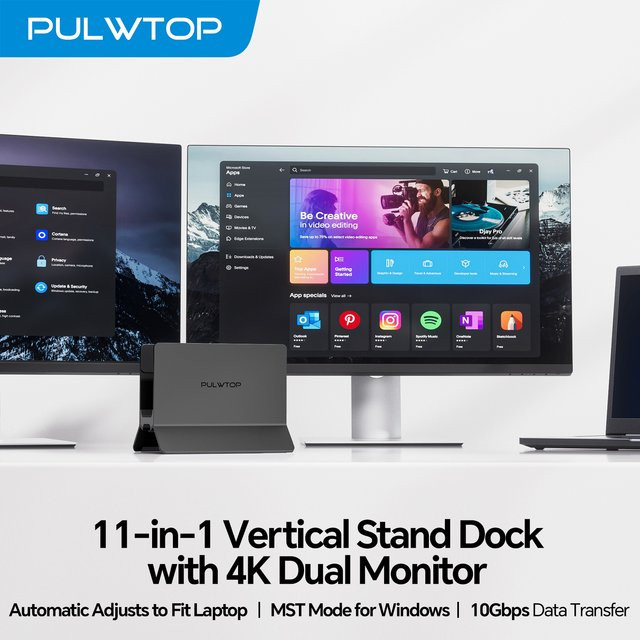 PULWTOP 11-in-1 Vertikale Dockingstation in Schwarz mit 2 HDMI 4K, 3 USB A/C 10 Gbit/s und Ethernet für Typ-C-Laptops - Bild 1