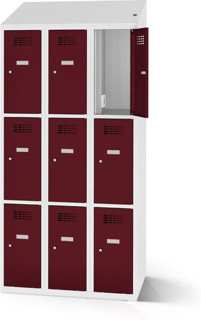 rotstahl Fächerschrank mit 9 Fächern und Ladefunktion, Farbe Bordeaux, Korpus Lichtgrau, B: 90 cm, H: 200 cm - Bild 1
