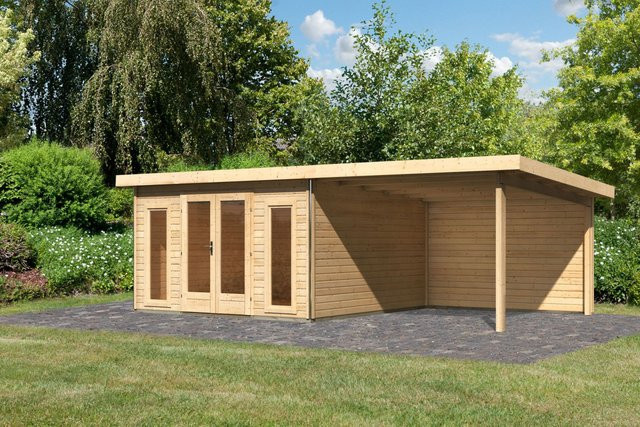 Gartenhaus aus Holz RADEBURG 3 in Naturbelassen mit Anbaudach und Rückwand, B/T: 369 x 369 m - Bild 1