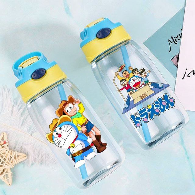 Bandai Doraemon Kinder-Trinkflasche mit Strohhalm aus Kunststoff für Jungen und Mädchen - Bild 1