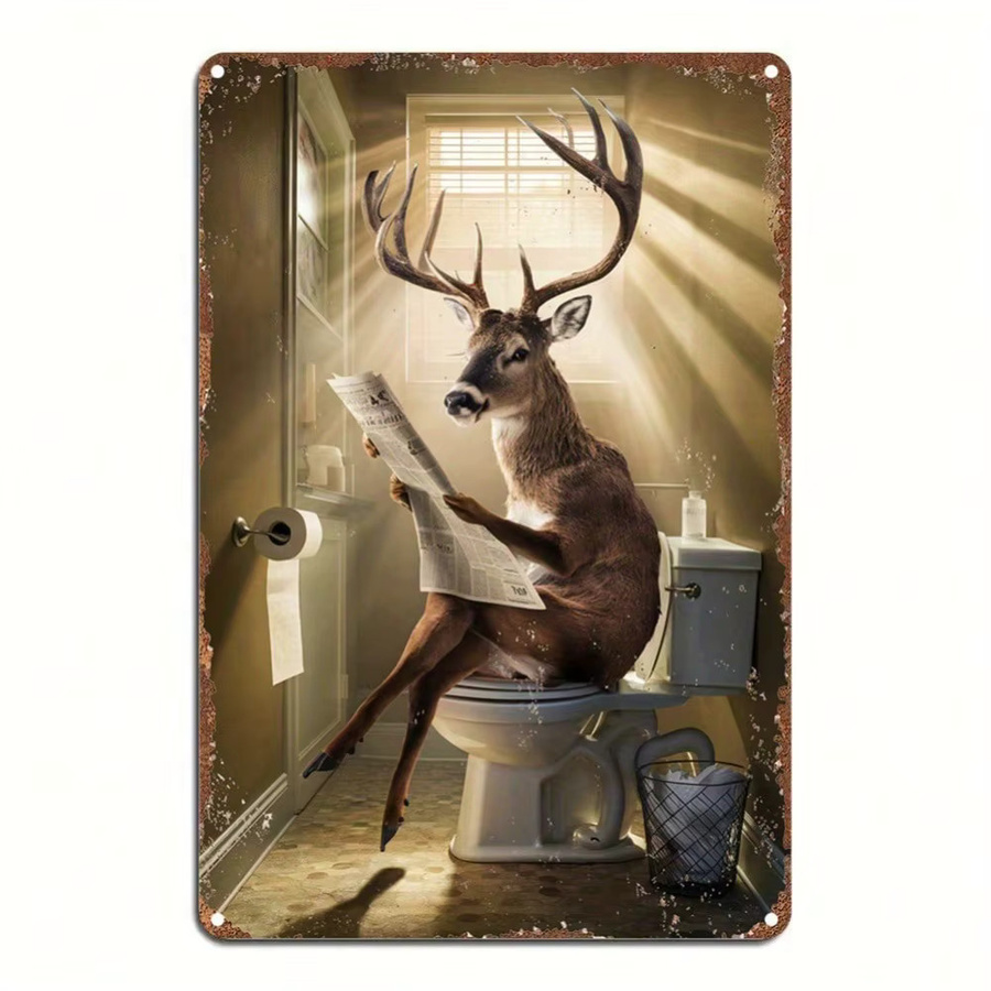 CIFBUY Vintage Hirsch auf Toilette Metallblech-Wandkunst, humorvolles rustikales 2D-Dekor aus Metall, B/H: 30,5 x 20,3 cm, Mehrfarbig - Bild 2