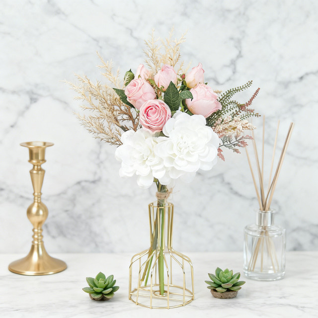 Kahaul Künstlicher Blumenstrauß mit Rosen und Pfingstrosen in Weiß und Pink für Dekorationen zu Hochzeiten und im Zuhause - Bild 1