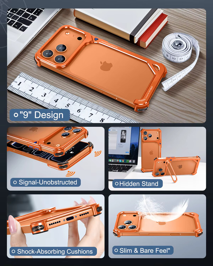 Eary Metall-Bumper-Handyhülle für iPhone 17 Pro Max in Orange mit MagSafe Wireless Charging und Objektivhalterung, rahmenlose Schale mit 9-förmigem Design - Bild 6