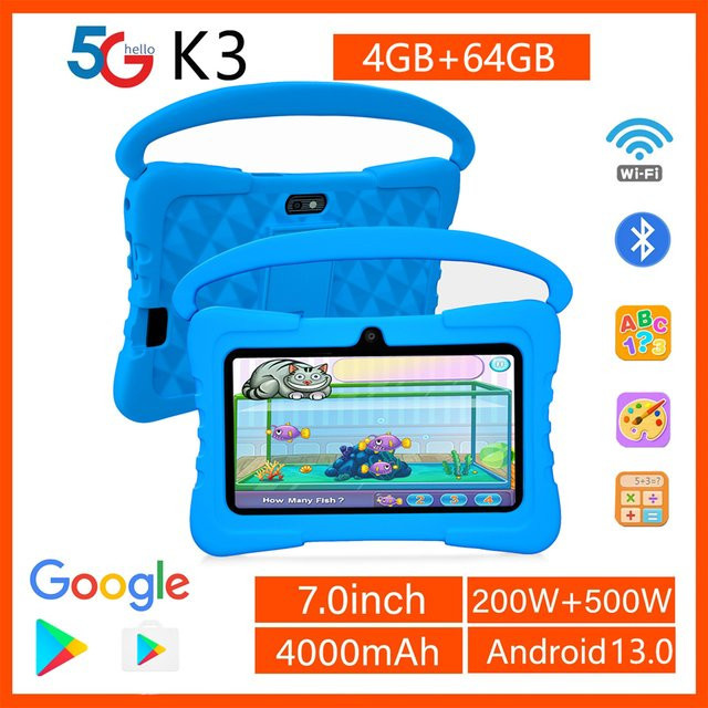 7-Zoll Android Kindertablet mit 64GB ROM und 4GB RAM in Blau inklusive Kindersicherer Schutzhülle im Cartoon-Design - Bild 1