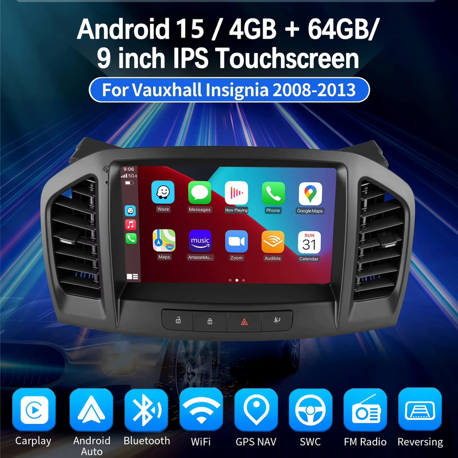 ESSGOO Android 15 Autoradio mit 9 Zoll Display, 64G Speicher, Wireless Carplay und Android Auto, GPS, Bluetooth, WIFI und RDS für Buick Regal und Opel Insignia 09-12, Schwarz - Bild 2