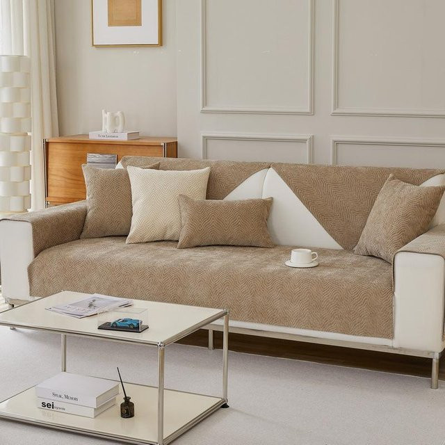 Chenille Sofakissenbezug mit Wellenmuster in Beige, quadratisch, B/B: 70 x 70 cm - Bild 1