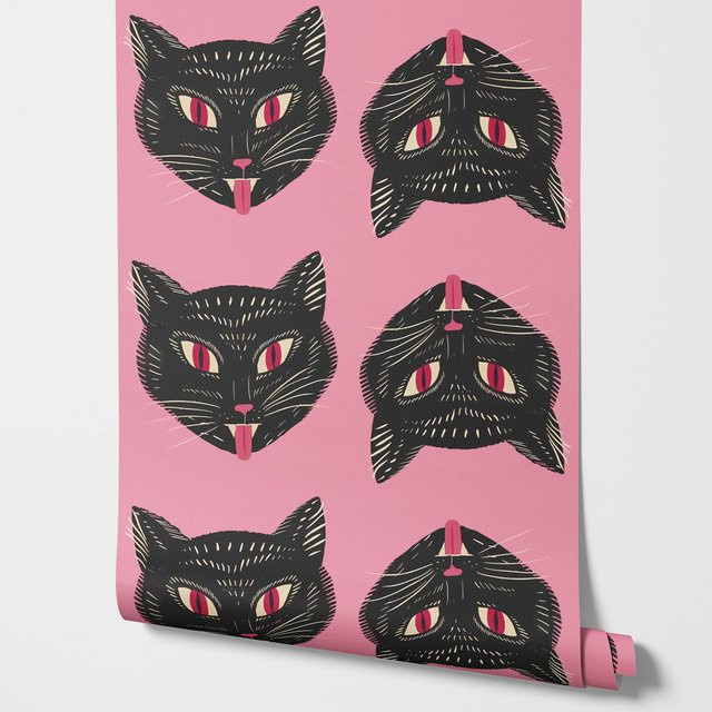 Selbstklebende Pixel&Wall Tapete mit schwarzem Katzen-Motiv im Tattoo-Stil für dein Zuhause oder Büro - Bild 1