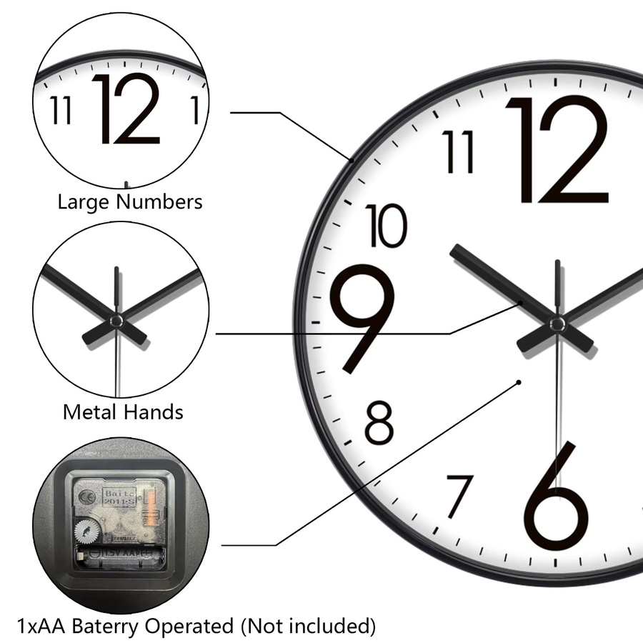 P.chuang Wanduhr aus Quarz in Schwarz oder Weiß, moderne runde Wanduhr mit geräuschlosem Mechanismus und großen Zahlen, Durchmesser: 30,48 cm - Bild 4