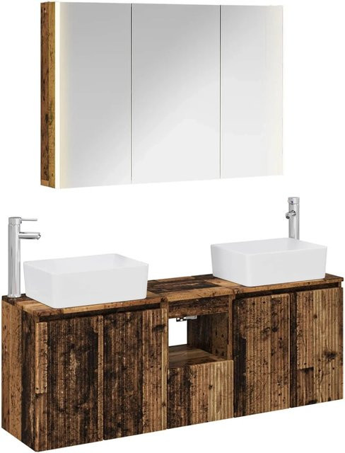 vidaXL Badezimmerschrank-Set 4-teilig in Braun mit LED-Beleuchtung und Spiegelschrank aus Holzwerkstoff, B/T/H: 70,0 x 57,34 x 35,0 cm - Bild 1