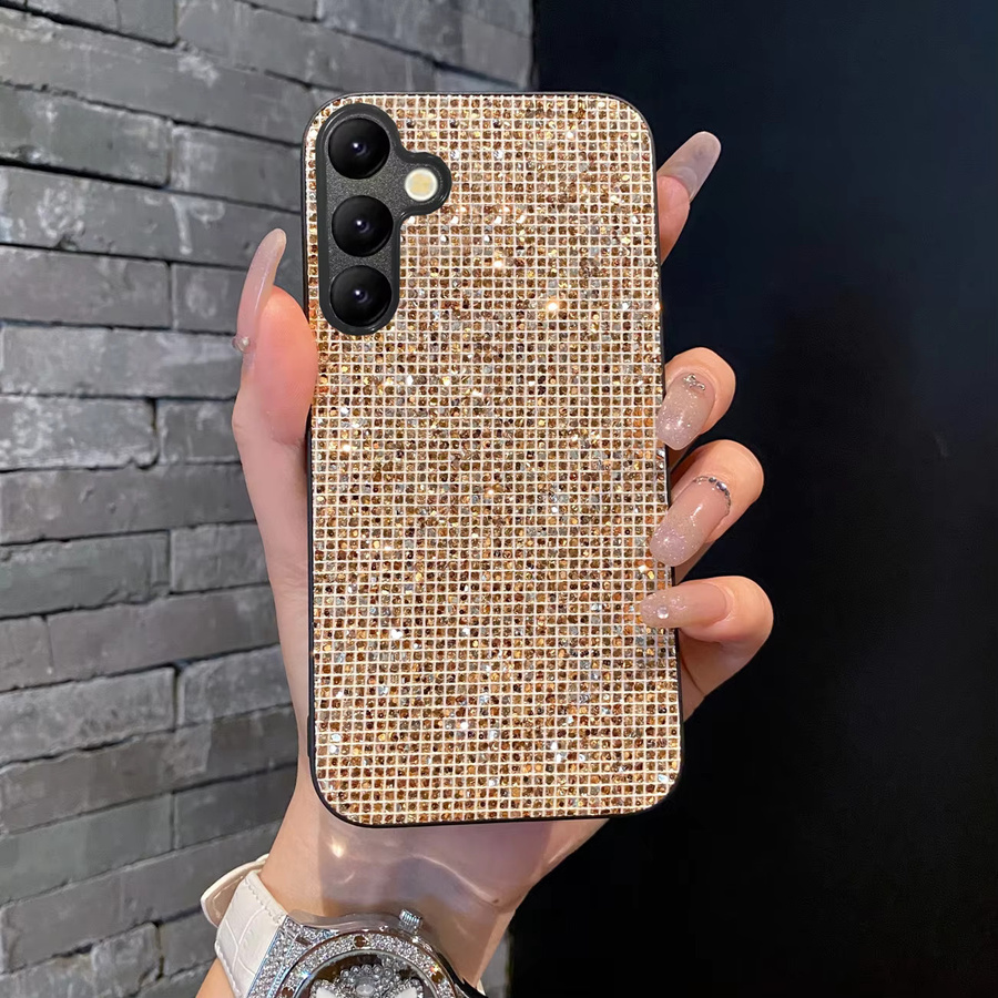 Luxuriöse Glitzer-Goldgitter-Lederhülle für Samsung Galaxy S25 S24 S26 A18 A17 A16 A37 A55 Plus FE Ultra Stoßfeste Weiche Schutzhülle in Gold - Bild 2