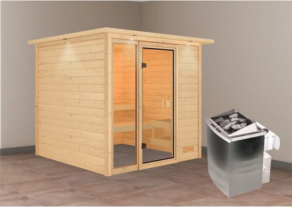 Karibu Massivholzsauna Jutta in Natur mit 9,0 kW Ofen, integrierter Steuerung und LED-Dachkranz, B/T/H: 224 x 210 x 191 cm