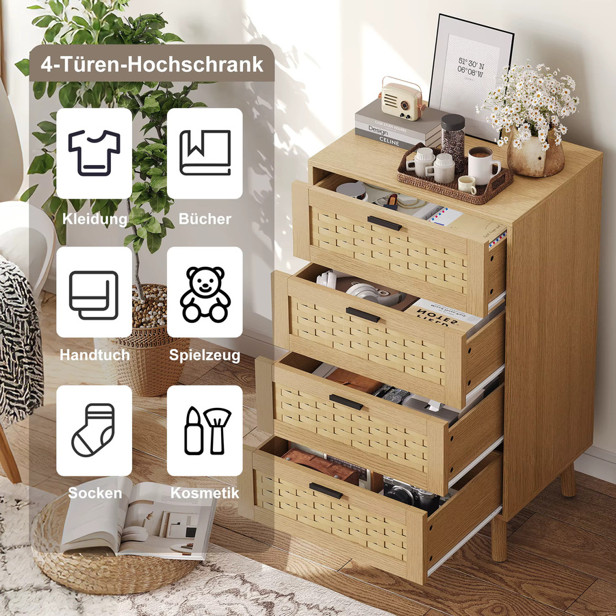 HYNHXBP Vier-Schubladen-Kommode aus Holz mit Rattan-Optik und Gummibaumholzbeinen in Beige - Bild 3