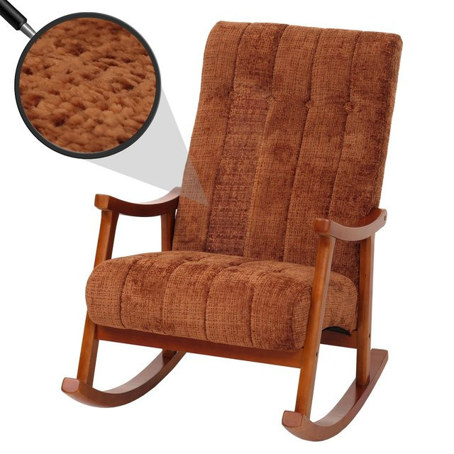 Schaukelstuhl MCW-K10 Relaxsessel mit Chenille-Stoffbezug in Orange und Gestell in Walnuss-Optik - Bild 1
