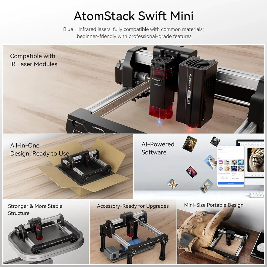 Atomstack Swift Mini Tragbarer Bluetooth Laser-Gravierer in Schwarz für Holz, Leder, Stein und Papier - Bild 4