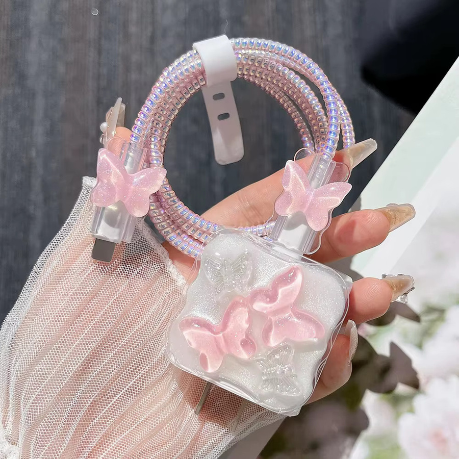 TAOYUNXI 5-in-1 Kristall-Schmetterling Ladekabel-Schutz und Aufwickler Set in Rosa für iPhone 18/20W Ladegeräte - Bild 3