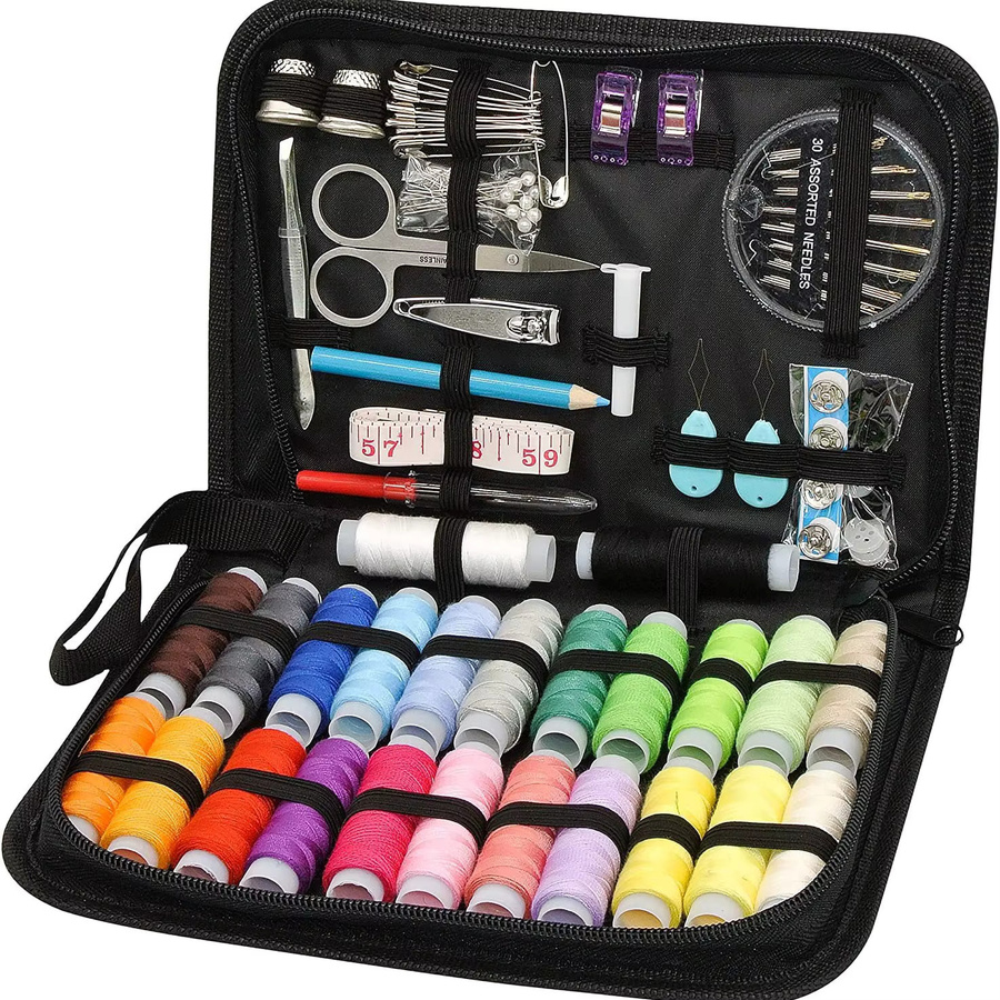 Tragbares 95-teiliges Nähwerkzeug-Set mit Nadeln und Fäden in einer schwarzen Kunststoff-Nähbox für Heim und Reise, mehrfarbig - Bild 4