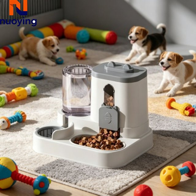 NUOYING Automatischer Futterautomat mit auslaufsicherem Wasserbrunnen für Hunde und Katzen in Grau oder Weiß - Bild 1