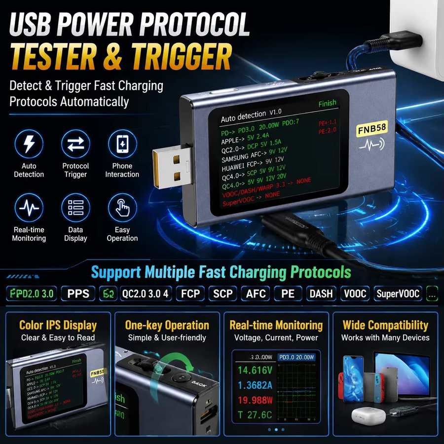FNIRSI FNB58 FNAC-28 USB-Tester Voltmeter Amperemeter mit USB-C und USB-A für PD Schnellladungs-Trigger sowie Kapazitäts- und Leistungstests von Powerbanks - Bild 2