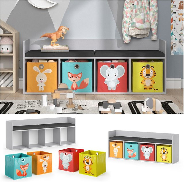 Vicco Kinderzimmer Sitzbank Luigi mit 4 Fächern als Regal-Bank-Kombination, Hellgrau, B: 142 cm, T: 53 cm - Bild 1