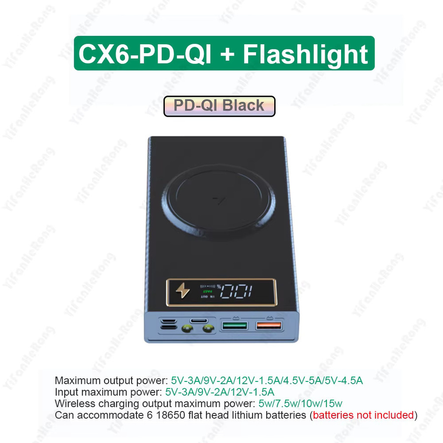 YiFanHeRong DIY Power Bank Gehäuse für 6x 18650 Batterien mit Dual USB und Typ C, PD QC 3.0 Schnellladung, Schwarz - Bild 2