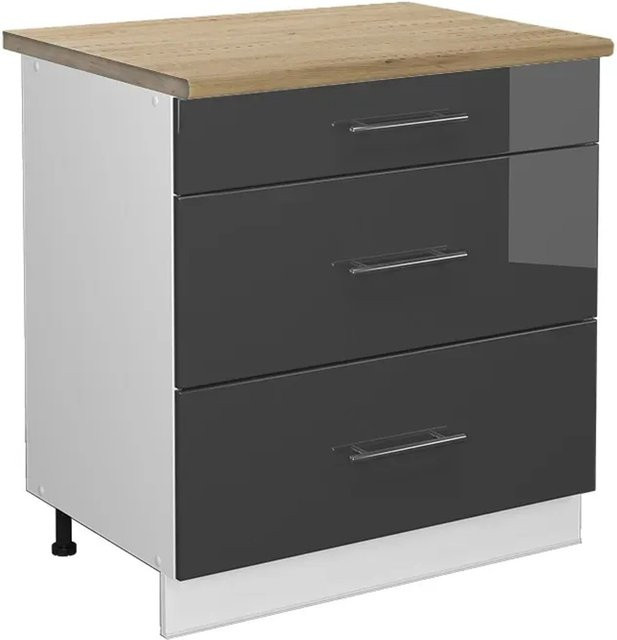 Vicco Küchenunterschrank Fame-Line in Anthrazit Hochglanz und Weiß mit 3 Schubladen und Eiche-Optik, B/T/H: 80 x 60 x 82 cm - Bild 1