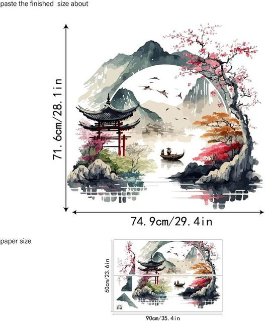 Ink Garden Vinyl-Wandaufkleber von Binchi Outdoor Product, Zen-Landschaft Wandbild in Mehrfarbig und Weiß, selbstklebend und abnehmbar, B: 90 cm, H: 60 cm - Bild 1