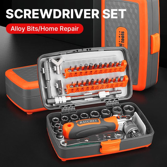 HUHAO 38-in-1 Ratschenschraubendreher-Set mit magnetischen Bits, Torx, Sechskant und Kreuz, inklusive Verlängerungsstange und Aufbewahrungsbox - Bild 1