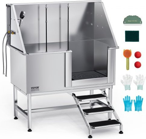 VEVOR Hundewaschstation aus Edelstahl in Silber mit Treppe, Wasserfilter, Wasserhahn, Duschkopf und Seifenhalter für große, mittlere und kleine Haustiere, Breite: 127 cm, Rechte Tür - Bild 1