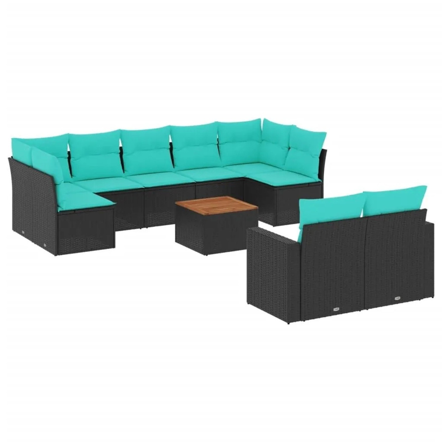 vidaXL 10-teilige Garten-Sofagarnitur aus Poly-Rattan und Akazienholz in Schwarz mit blauen Kissen - Bild 2