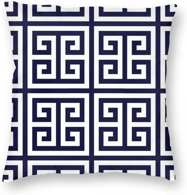 Shunika Chen Kissenbezug Griechischer Schlüssel in Marineblau mit geometrischem Muster aus weichem Polyester und Reißverschluss, B/B: 45,7 x 45,7 cm - Bild 1