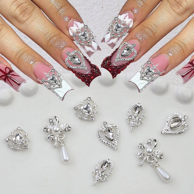 Misscheering Nagelcharms, 8 Stück, Silberne Herz Kreuz Perle, Unisex - Bild 1