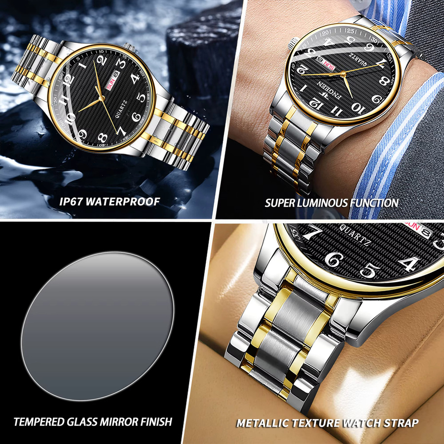 BINBOND Herrenuhr, Quarz, Edelstahl, Schwarz, Bicolor, Datum, Wochentag - Bild 5
