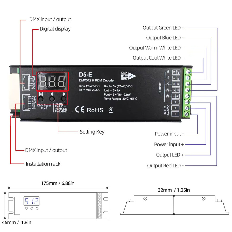CENFAYA 5-Kanal-DMX-Decoder mit RDM-Digitalanzeige, PWM RGBCCT LED-Dimmer-Treiber für RGBW, RGB und CCT, Schwarz - Bild 2