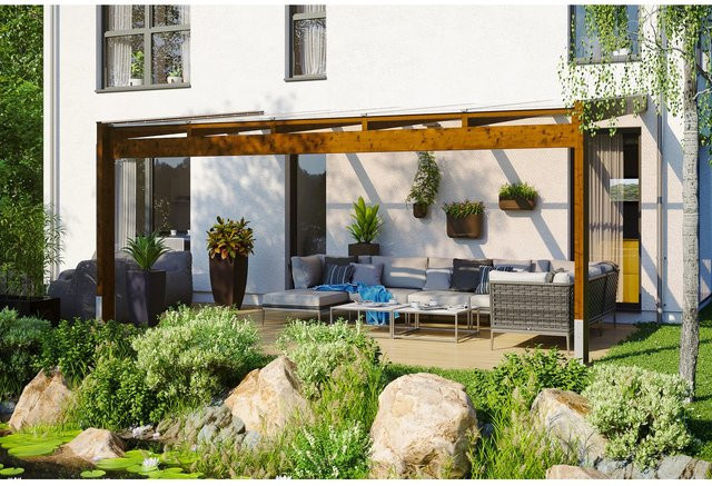 Skan Holz Terrassenüberdachung Novara aus Leimholz mit Polycarbonat-Dach in Nussbaum Braun, B: 557 cm, H: 259 cm - Bild 1
