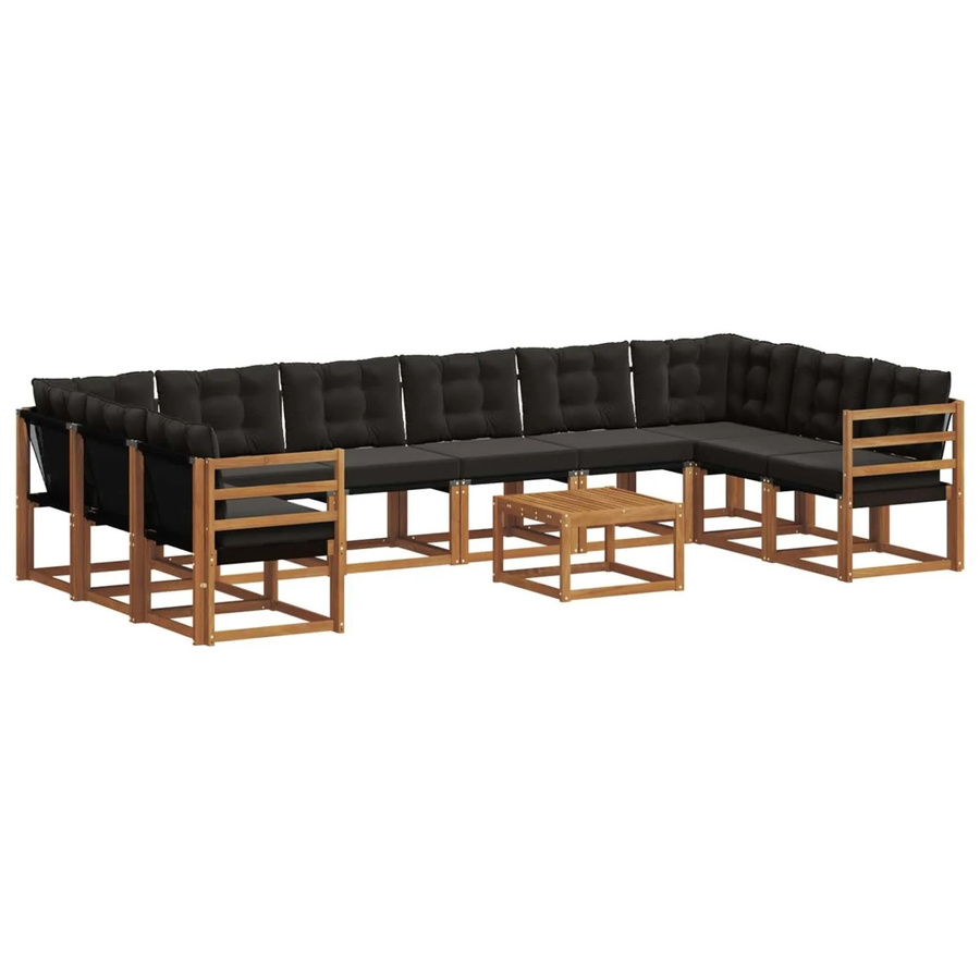 vidaXL Outdoor-Sofagarnitur aus Akazienholz in U-Form, 11-teiliges Set mit Textilene und Kissen, Schwarz und Natur - Bild 2