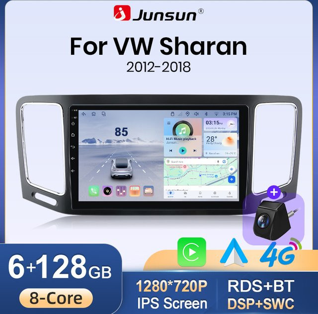 Junsun Wireless CarPlay Android 15 Autoradio für VW Volkswagen Sharan und Seat Alhambra 7N 2012-2018 mit GPS, WiFi, 4G, Bluetooth und 9,0 Zoll IPS Touchscreen in Schwarz - Bild 1