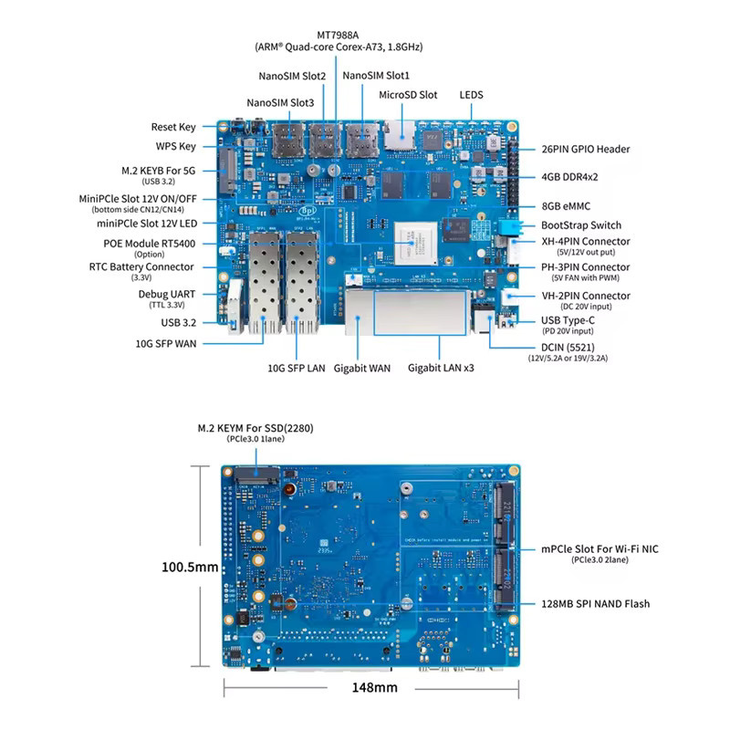 Banana Pi BPI-R4 Smart Router Board mit MT7988A, 4GB DDR4, 8GB EMMC und 128MB SPI NAND Flash sowie Wi-Fi - Bild 3