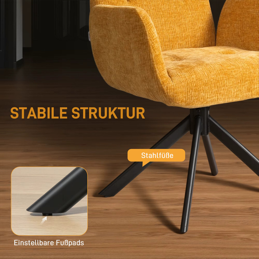 HOMCOM Drehbarer Loungesessel mit Armlehnen in Wolle-Leinenoptik, moderner Polsterstuhl mit Knopfheftung und Stahlbeinen für Wohnzimmer und Schlafzimmer, Schwarz Cremeweiß Gelb - Bild 5